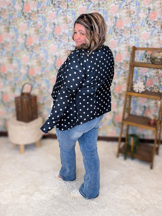 Desi Stretch Open Blazer in Dark Navy Polka Dots