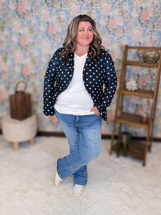 Desi Stretch Open Blazer in Dark Navy Polka Dots