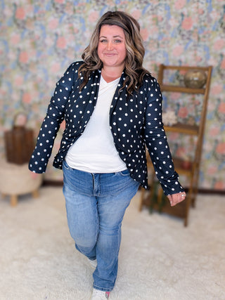 Desi Stretch Open Blazer in Dark Navy Polka Dots