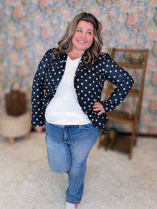 Desi Stretch Open Blazer in Dark Navy Polka Dots