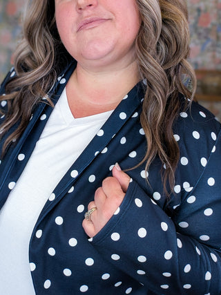 Desi Stretch Open Blazer in Dark Navy Polka Dots