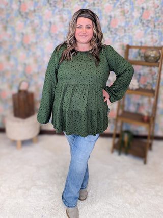 Carolyn Tiered Long Sleeve Top in Green Polka Dots