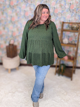 Carolyn Tiered Long Sleeve Top in Green Polka Dots