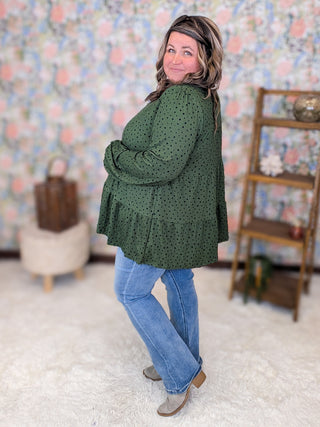 Carolyn Tiered Long Sleeve Top in Green Polka Dots