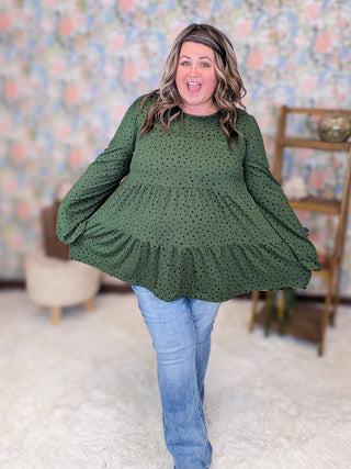Carolyn Tiered Long Sleeve Top in Green Polka Dots