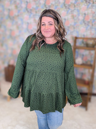 Carolyn Tiered Long Sleeve Top in Green Polka Dots