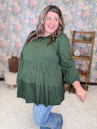 Carolyn Tiered Long Sleeve Top in Green Polka Dots