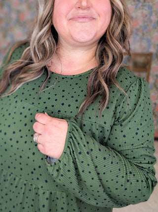 Carolyn Tiered Long Sleeve Top in Green Polka Dots