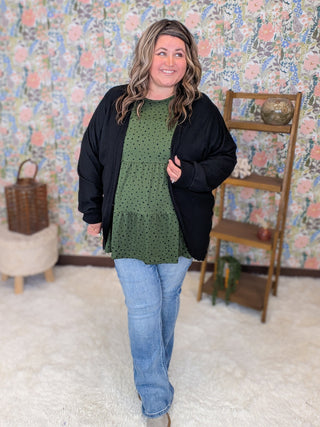 Carolyn Tiered Long Sleeve Top in Green Polka Dots