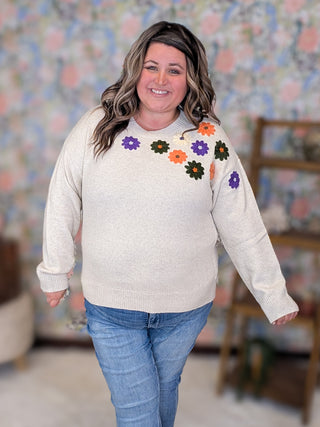 Waverly Beige Embroidered Fall Floral Sweater