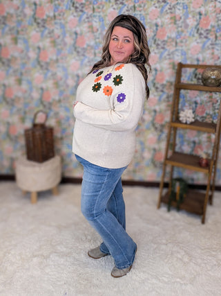 Waverly Beige Embroidered Fall Floral Sweater