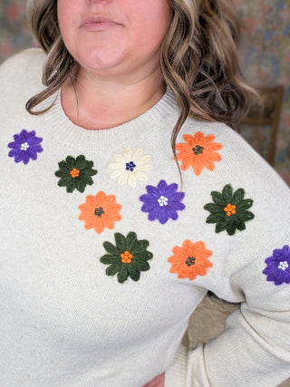 Waverly Beige Embroidered Fall Floral Sweater