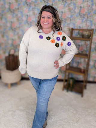Waverly Beige Embroidered Fall Floral Sweater