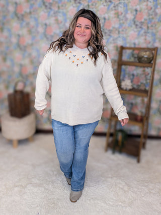 Marcella Boho Micro Floral Sweater in Beige
