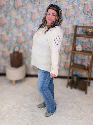 Marcella Boho Micro Floral Sweater in Beige