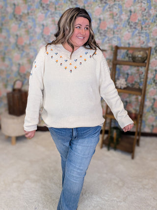 Marcella Boho Micro Floral Sweater in Beige