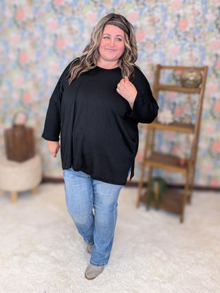 Gloria Pointelle Knit Slouchy Dolman Long Sleeve in Black