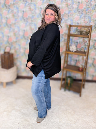 Gloria Pointelle Knit Slouchy Dolman Long Sleeve in Black