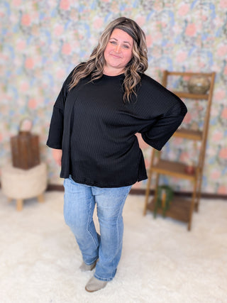 Gloria Pointelle Knit Slouchy Dolman Long Sleeve in Black