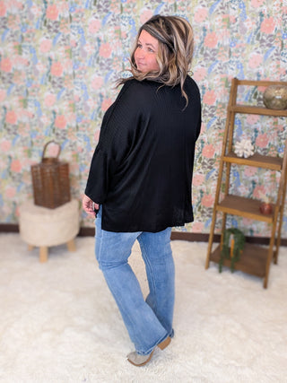 Gloria Pointelle Knit Slouchy Dolman Long Sleeve in Black