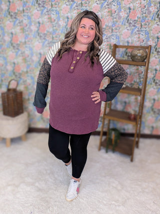 Nico Ribbed Long Sleeve Henley in Plum, Leo + Stripe