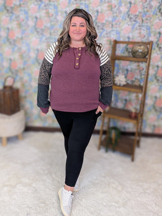Nico Ribbed Long Sleeve Henley in Plum, Leo + Stripe