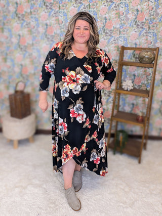 Sasha Faux Wrap High Low Dress in Fall Florals