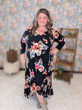 Sasha Faux Wrap High Low Dress in Fall Florals