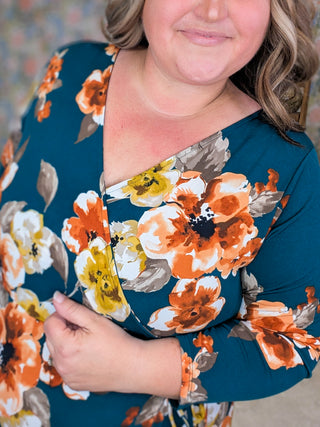 Sasha Faux Wrap High Low Dress in Fall Florals
