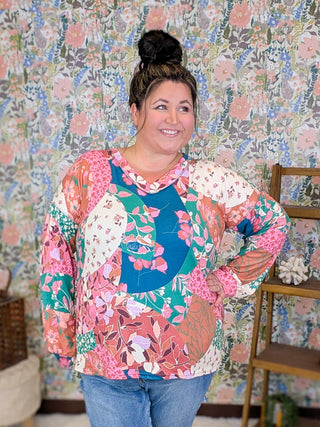 Audrey Patchwork Floral Mix Vneck Long Sleeve Top