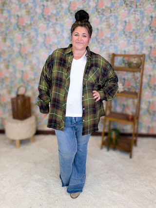Adair Flannel Top in Olive + Brown Plaid