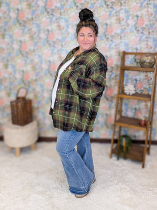 Adair Flannel Top in Olive + Brown Plaid