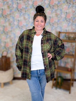 Adair Flannel Top in Olive + Brown Plaid