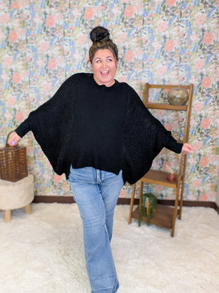 Bari Popcorn Knit Poncho Sweater in Black