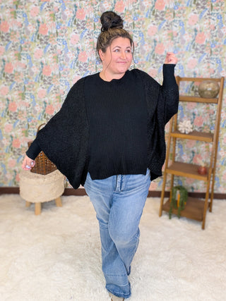 Bari Popcorn Knit Poncho Sweater in Black