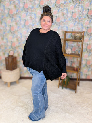 Bari Popcorn Knit Poncho Sweater in Black
