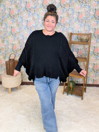 Bari Popcorn Knit Poncho Sweater in Black