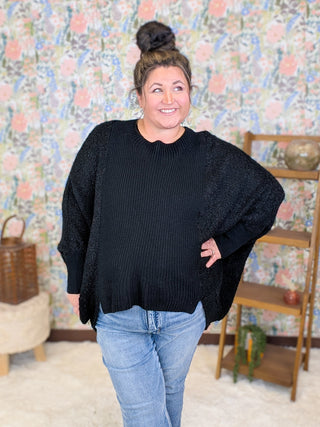 Bari Popcorn Knit Poncho Sweater in Black