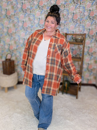 Penny Tunic Length Flannel Top in Pumpkin Plaid