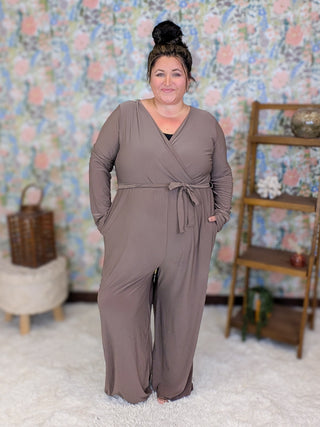 Devin Faux-Wrap Long Sleeve Pantsuit in Mocha
