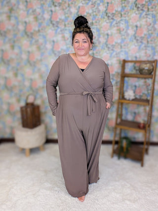 Devin Faux-Wrap Long Sleeve Pantsuit in Mocha