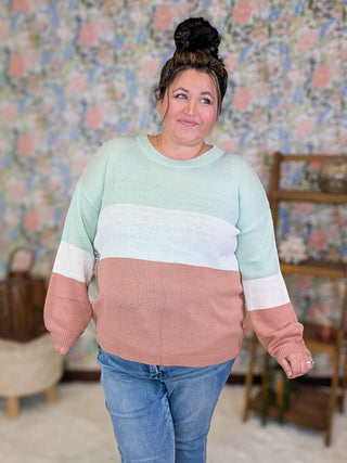 Whitley Lightweight Sweater in Mint, Ivory & Salmon