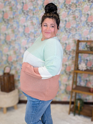 Whitley Lightweight Sweater in Mint, Ivory & Salmon