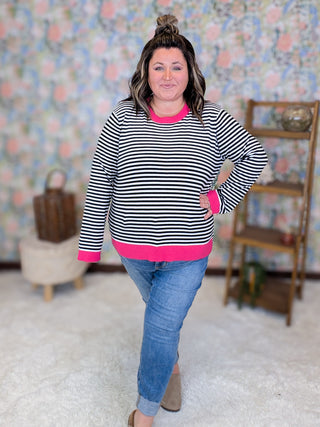 Kari Striped Pullover Sweater w/Hot Pink Trim