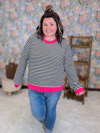Kari Striped Pullover Sweater w/Hot Pink Trim