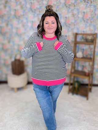 Kari Striped Pullover Sweater w/Hot Pink Trim