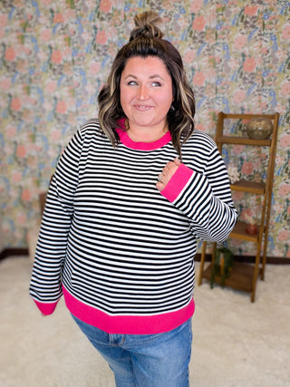 Kari Striped Pullover Sweater w/Hot Pink Trim