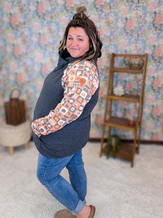 PHC- Triple Stretch Zipcowl in Charcoal + Pumpkin Check