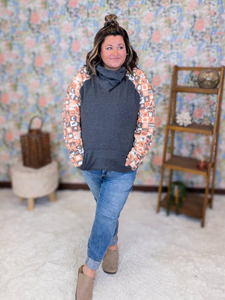 PHC- Triple Stretch Zipcowl in Charcoal + Pumpkin Check