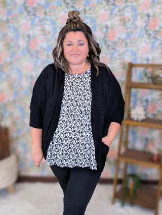 Felicia Draped 3/4 Sleeve Cardigan in Black